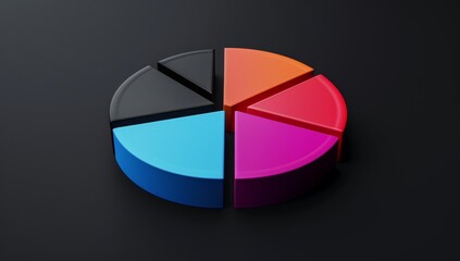 Obraz premium 3D pie charts, in the style of flat design, simple shapes, black background, red, orange, blue, and purple colors. --ar 53:30 Job ID: a83e3d94-4c11-435c-b302-b6217cb06401