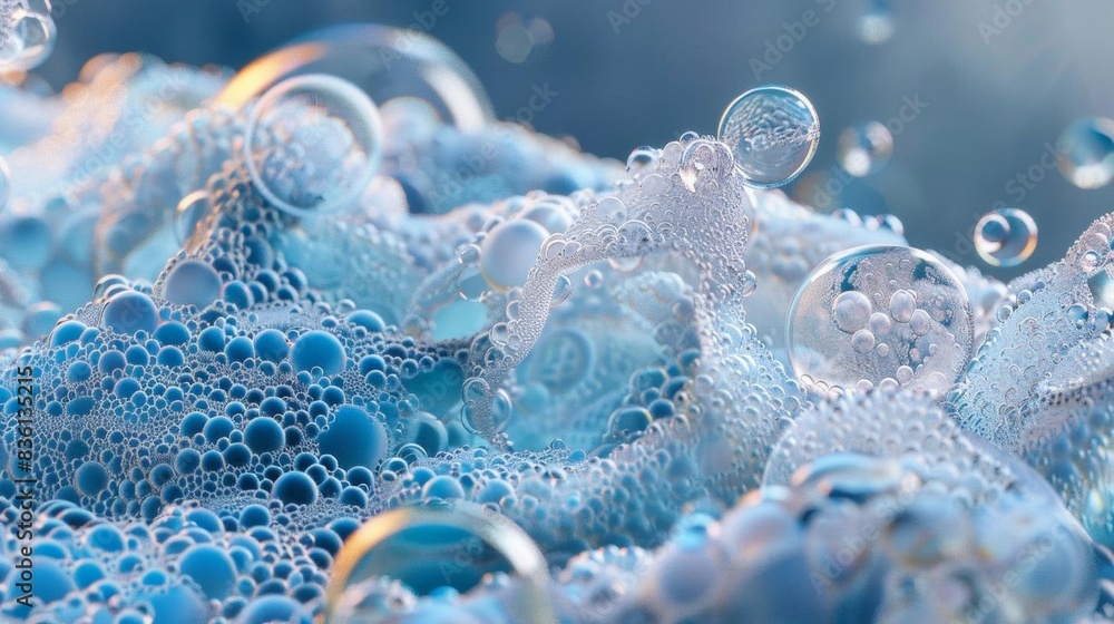 Poster close-up of blue soap bubbles creating a vibrant and dynamic texture, perfect for backgrounds and ab