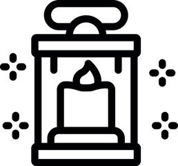 Black line art illustration of a lantern containing a flickering candle, emitting light