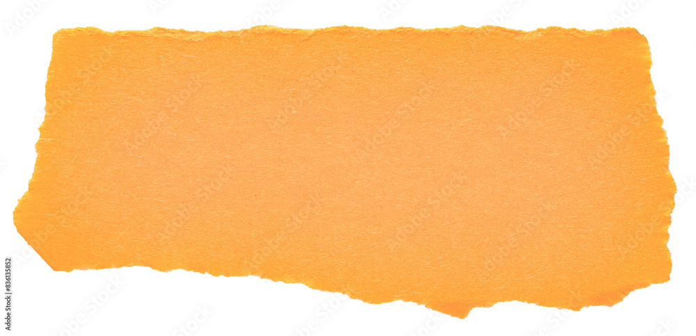 Poster isolated cut out torn piece of blank orange paper note cardboard with texture and copy space for tex