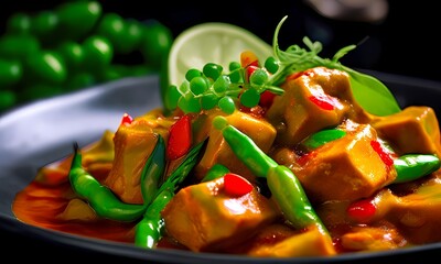 Thai curried tvp chunks nestled among fresh asparagus and vibrant peas table top view, Ai Generated