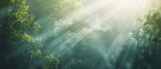 Obraz premium Sunlight streaming through lush green trees in a serene forest, creating a magical and peaceful atmosphere with gentle rays of light.