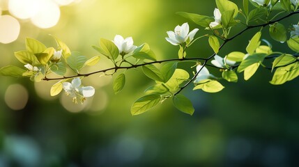 Close-up of white flowers blooming on a branch with green leaves.