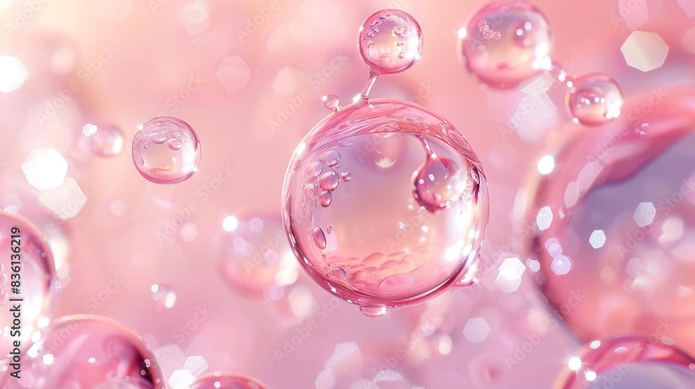 Poster close-up of shimmering pink bubbles on a soft background, creating a delicate and dreamy atmosphere 