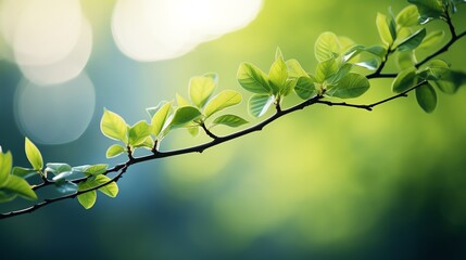 Obraz premium Close-up of a branch with fresh green leaves against a blurred background of light.