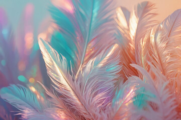 Fototapeta premium Background with shiny holographic feathers, texture background, pastel colors.