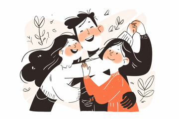 Obraz premium Playful illustration of a cheerful family with two children, all hugging and smiling, surrounded by leaves and nature elements