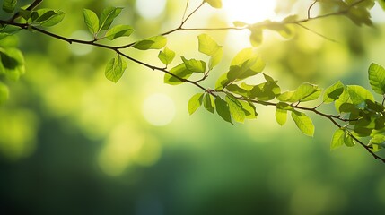 Obraz premium Close-up of green leaves on a branch, sunlight shining through.