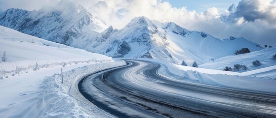 Winding mountain road covered in snow leads through stunning winter landscape with majestic peaks under a cloudy sky.