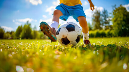 Young child playing soccer on a grassy field, focusing on dribbling the ball with precision.