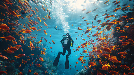 Divers have a wonderful experience among schools of fish and sharks on the sea floor diving experience illustration
