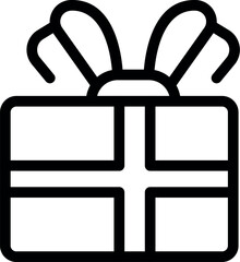 Black and white lineart icon of a gift box with festive ribbon