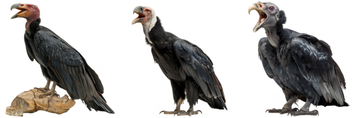 Three andrean condor birds are shown in a row, with the middle bird having its mouth open