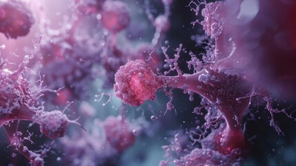Close-up view of cancer cells under a microscope, showing detailed structure and vibrant colors, representing medical research and science.