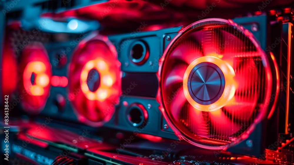 Aufkleber close-up of a high-performance computer graphic card with glowing red fans, highlighting advanced te