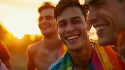 Tanned european man with earrings and rainbow pride flag around neck. Laughing and smiling during a pride party with friends in the city. Authentic image of a queer millenial friends at pride month.