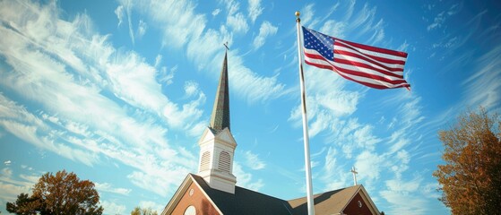 Patriotic Pride: American Flag Soaring Over Church on Independence Day - Powered by Adobe