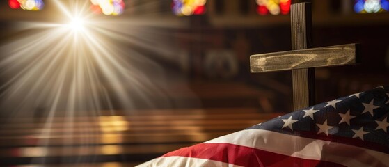 American Flag and Christian Cross Display in Patriotic Church Setting