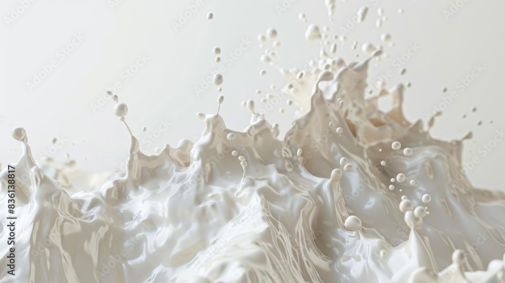 Poster dynamic splash of white liquid creating abstract forms and shapes against a neutral background, conv