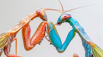 Close-up image of two colorful praying mantises engaging in an intricate dance against a plain background, showcasing their vivid colors.