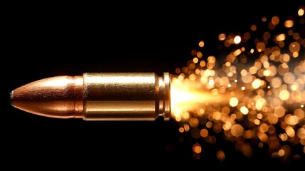 Close-up of a bullet in motion with sparks and light trails against a black background, capturing the dynamic and high-speed nature of the shot.