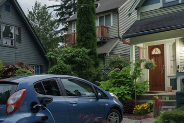 Fototapeta premium Blue electric car is charging in front of a suburban home