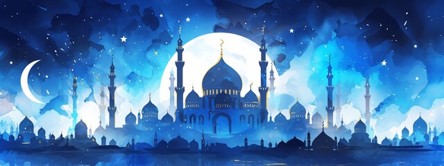 Panorama view of Taj Mahal at starry night. Night ancient arab city in desert, east architecture in oasis. Happy Independence Day of India. Travel and tourism concept. Watercolor illustration