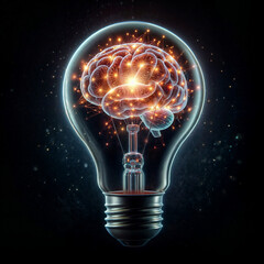 idea, thinking, imagination illustration, light bulb with brain, brain inside the light bulb, in plain dark black background, digital illustration created with generative ai.