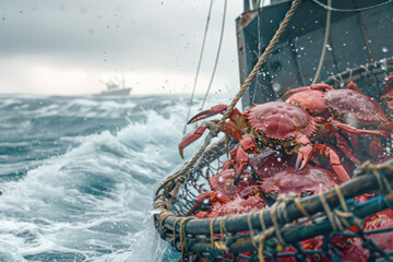 Fishermen Catching Red King Crab in Rough Sea with Fishing Boat and Traps