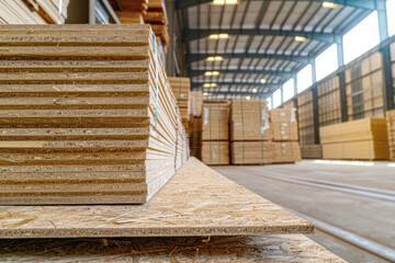 Finished Particle Boards Stacked in Warehouse Ready for Shipping