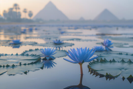 Delicate Blue Lotus Floating on Nile River with Ancient Pyramids in Background