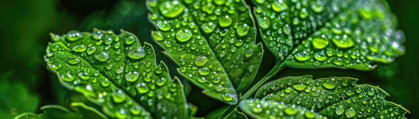 Close-up of lush green leaves with water droplets, showcasing nature's refreshing beauty and intricate details after rainfall.