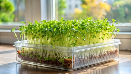 Microgreens in a pot on a window