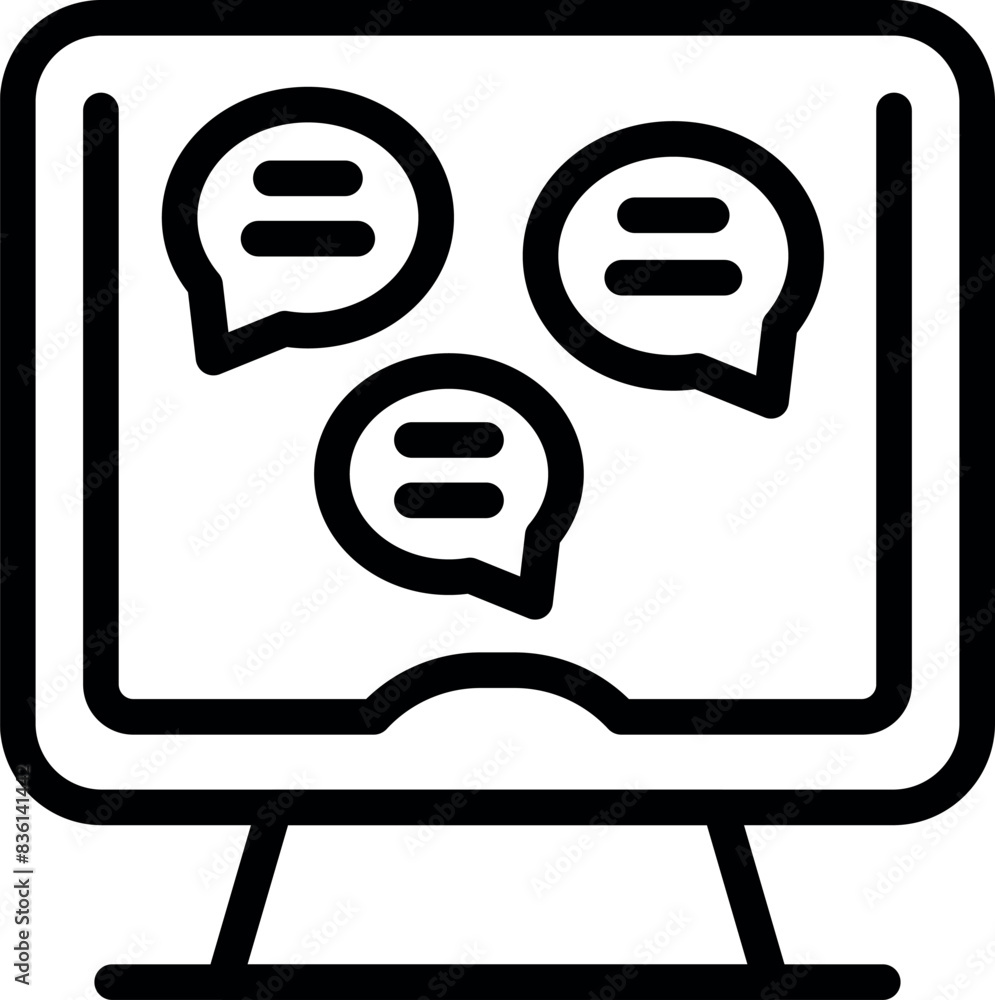 Poster black and white vector illustration of a computer monitor with speech bubbles representing online co