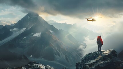 A helicopter hovers above rugged mountains, its searchlight casting a beacon of hope on a lost hiker below. Amidst the unforgiving terrain, the scene symbolizes the relentless pursuit of salvation