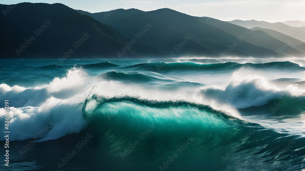 Poster create an abstract background with flowing, ethereal waves in shades of blue and green. the waves sh