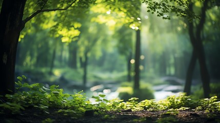 Obraz premium Sunlight streams through a lush, green forest, illuminating the vibrant foliage.