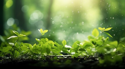 Fresh green plants growing in a forest with rain falling.
