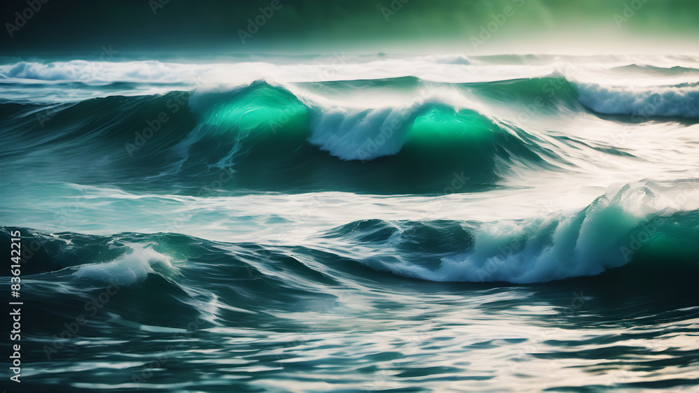 Poster create an abstract background with flowing, ethereal waves in shades of blue and green. the waves sh