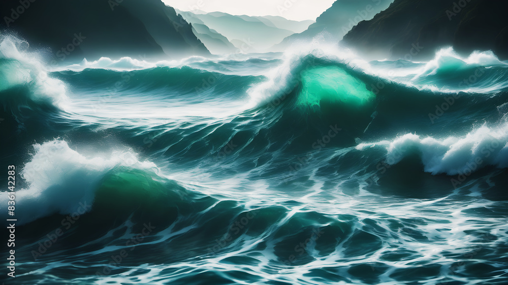 Poster create an abstract background with flowing, ethereal waves in shades of blue and green. the waves sh