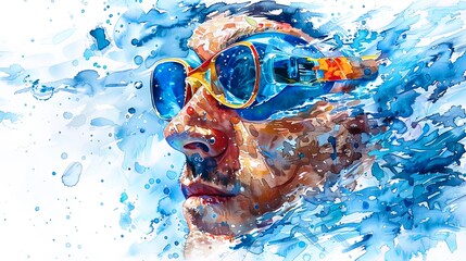 Dynamic watercolor painting of a swimmer wearing goggles, immersed in blue water, capturing the essence of movement and fluidity.