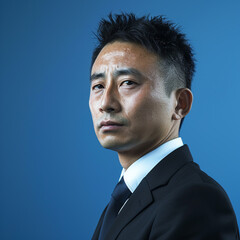 Chinese man 45 years old wearing business attire, Serious looking man in a suit is posed against a solid blue background