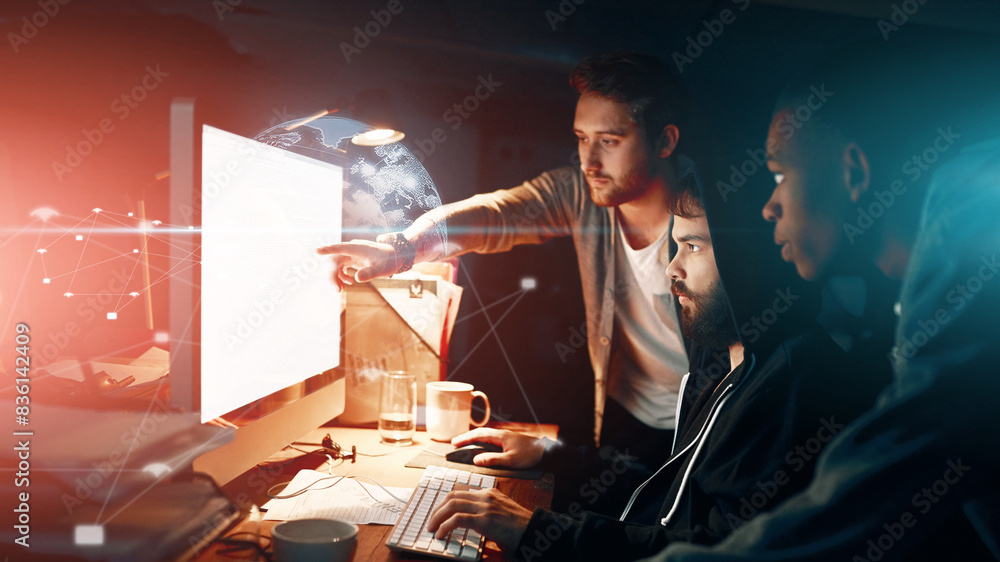 Poster Web design, men and teamwork with computer app development, coding and software project with globe overlay. Programming group, tech support and update to algorithm script or html for company server