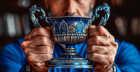 Person holding an ornate trophy cup with both hands, showing determination. Background is slightly blurred making the blue cup the focal point.