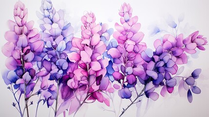 Watercolor painting of purple and pink flowers, showcasing delicate details and vibrant colors in a beautiful arrangement.