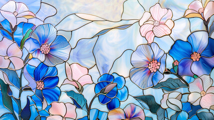 Blue and pink flowers and leaves stained glass background wallpaper