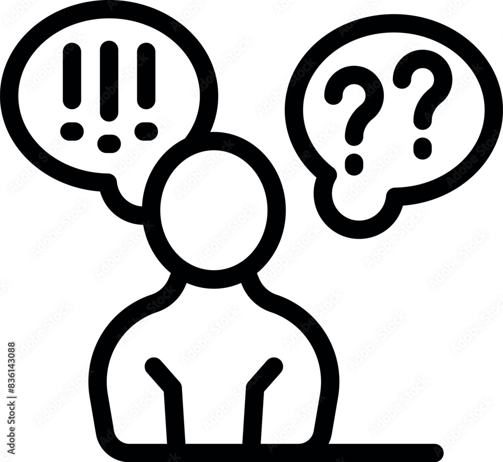 Poster iconic image of a person with speech bubbles containing exclamation and question marks, concept of q