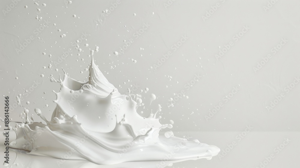 Poster close-up of a milk splash creating intricate patterns against a light grey background, emphasizing f