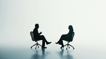 Silhouette of a man and woman having a discussion while seated on office chairs against a plain white background, signifying an interview or meeting.