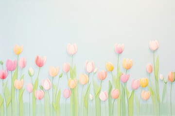 A beautiful pastel-colored tulip field with soft shades of pink, yellow, and orange against a light blue background. Perfect for spring themes.